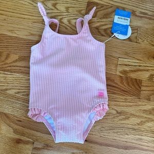 RuffleButts Girls Seersucker Tie Shoulder One Piece- 12-18 months. Never worn.